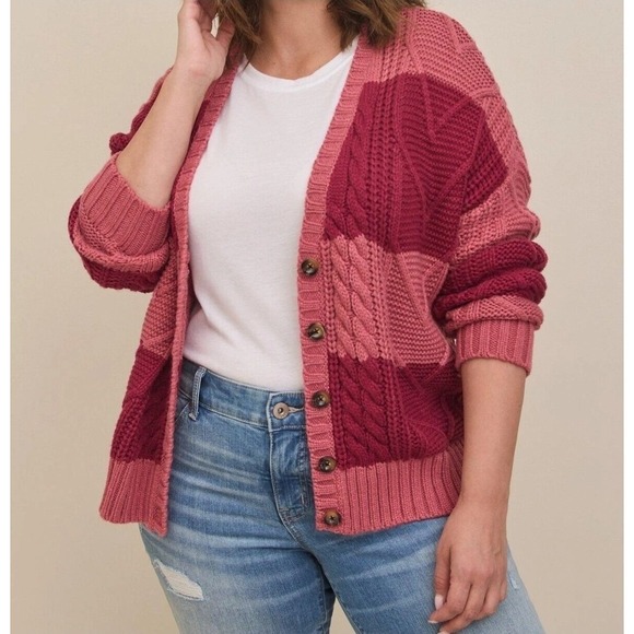torrid Sweaters - Torrid Cardigan Sweater Plus Size 3X Pink Striped Cable Knit Button Front